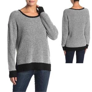 NWT Ady P Grey Marled Boucle Pullover Crewneck Sweater, Black Trim, Size L